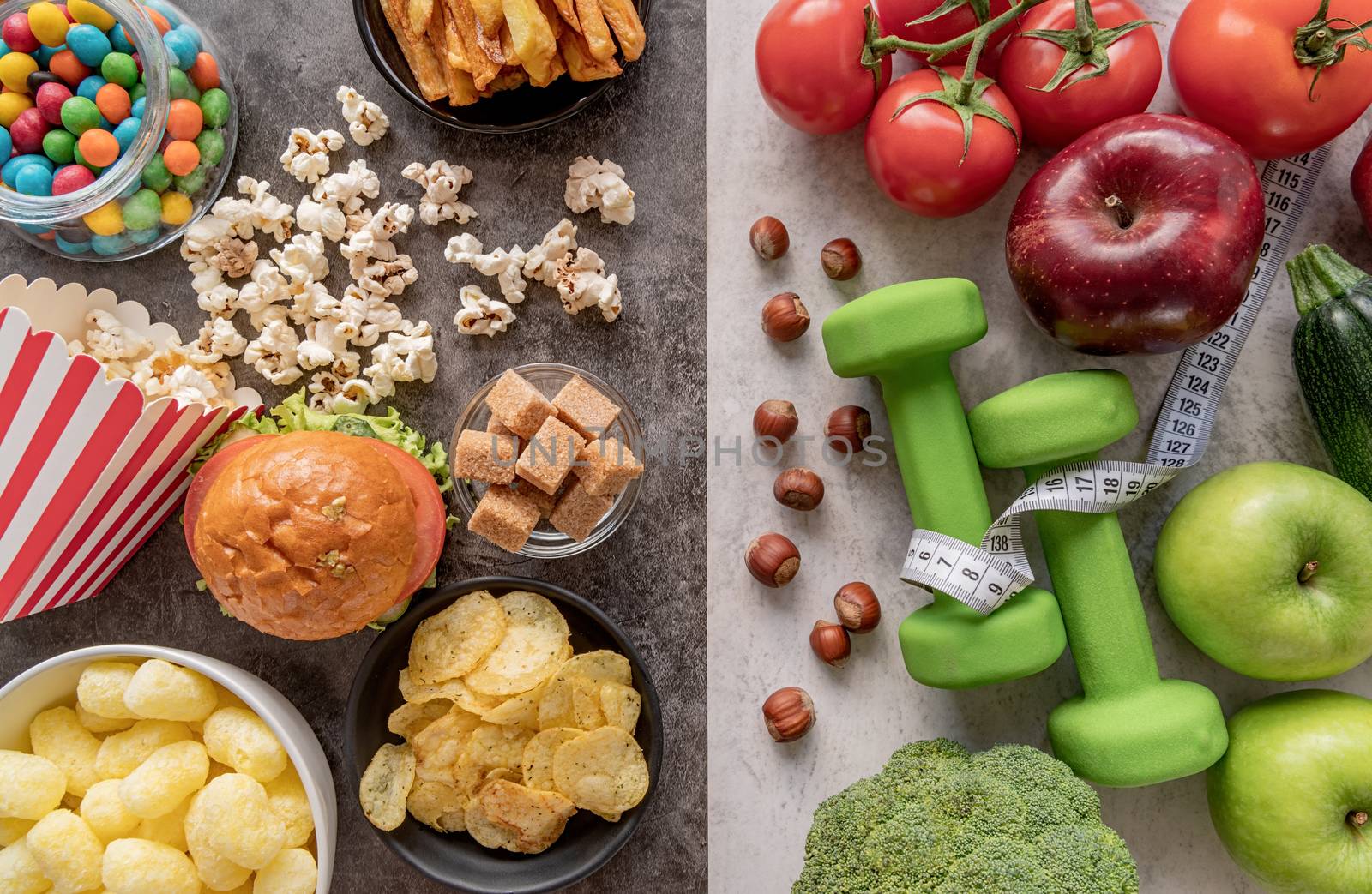 Fruit and vegetables vs sweets and potato fries top view flat lay by Desperada