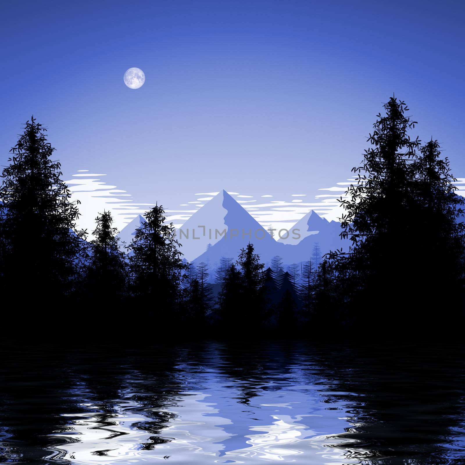 blue forest lake illustration by magann