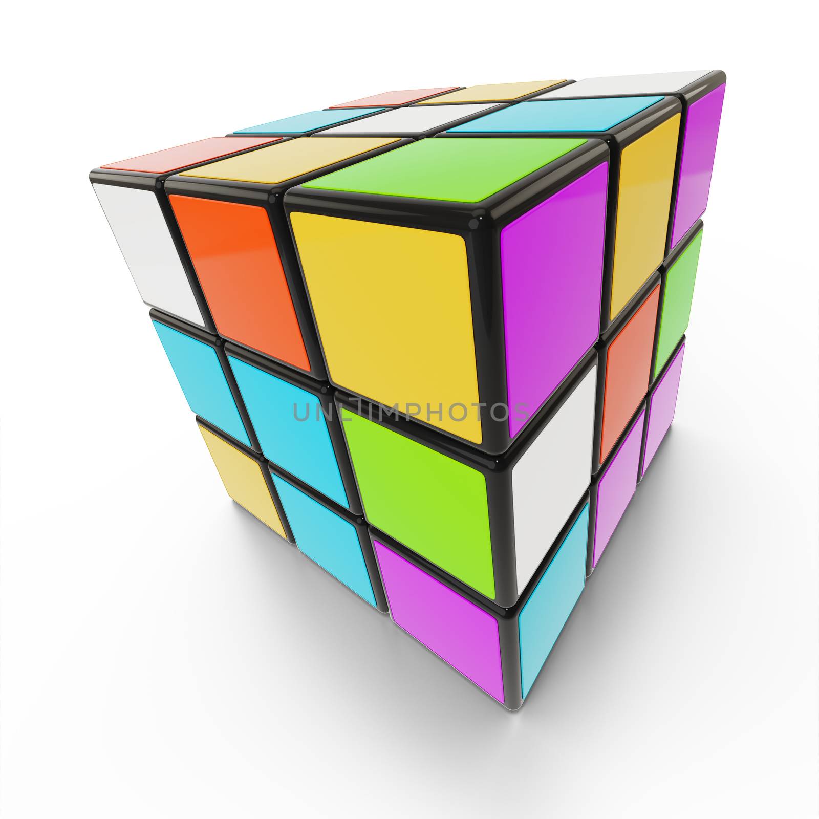 Sindelfingen, Germany, July 4th 2019. Editorial 3D illustration. Rubik's Cube is a 3D combination puzzle invented in 1974 by Hungarian Erno Rubik.