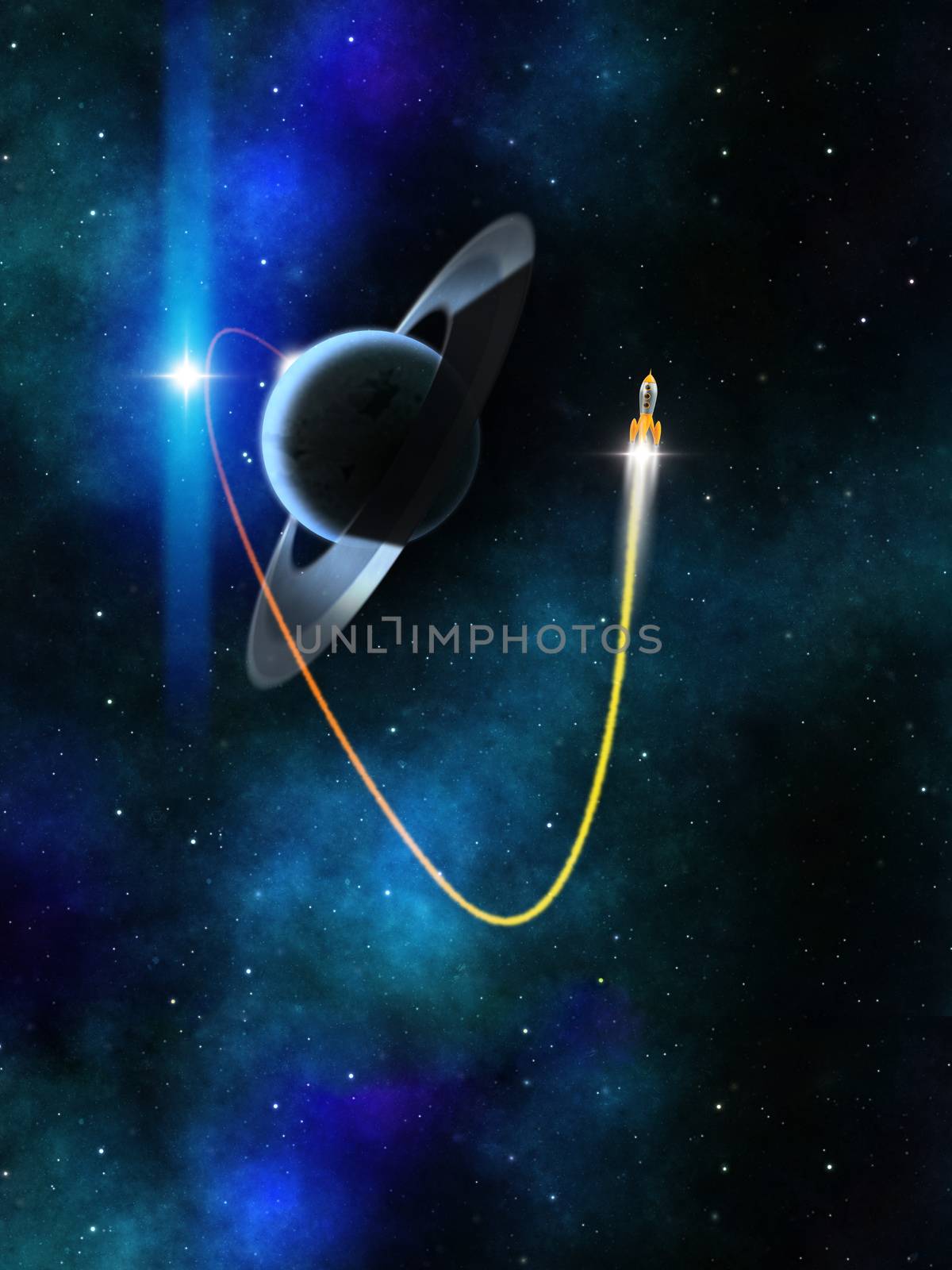 An illustration of a blue planet rocket launch