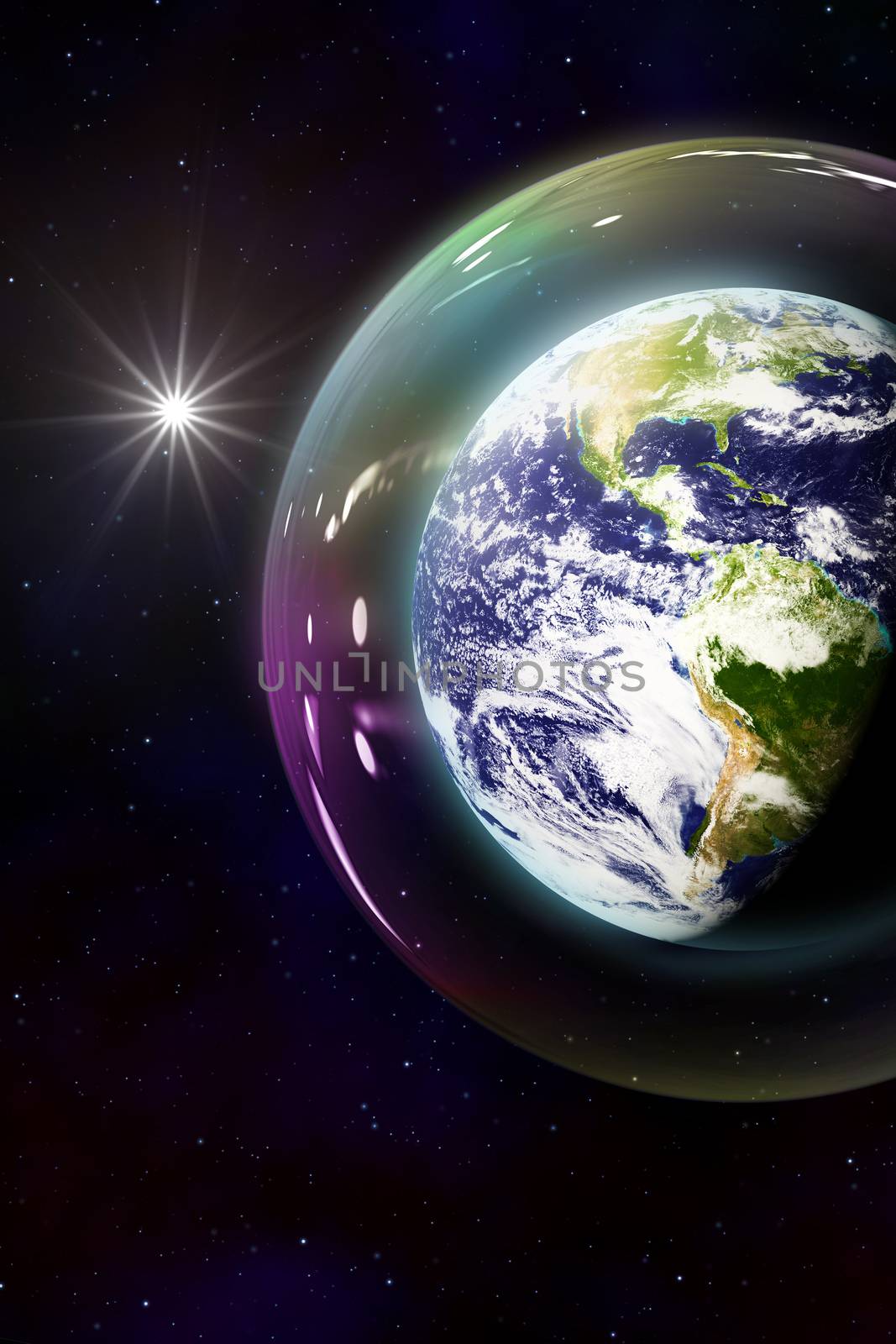 safe planet earth bubble in space 3D illustration