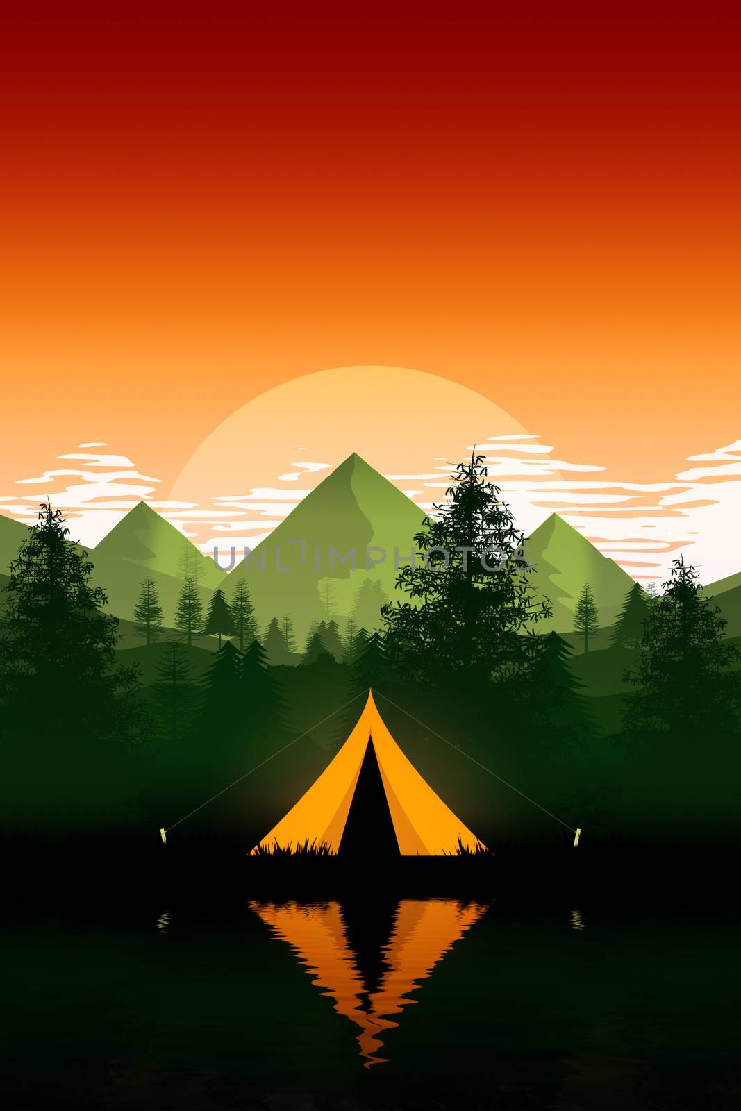 An illustration of a camping tent in the evening mountains nature