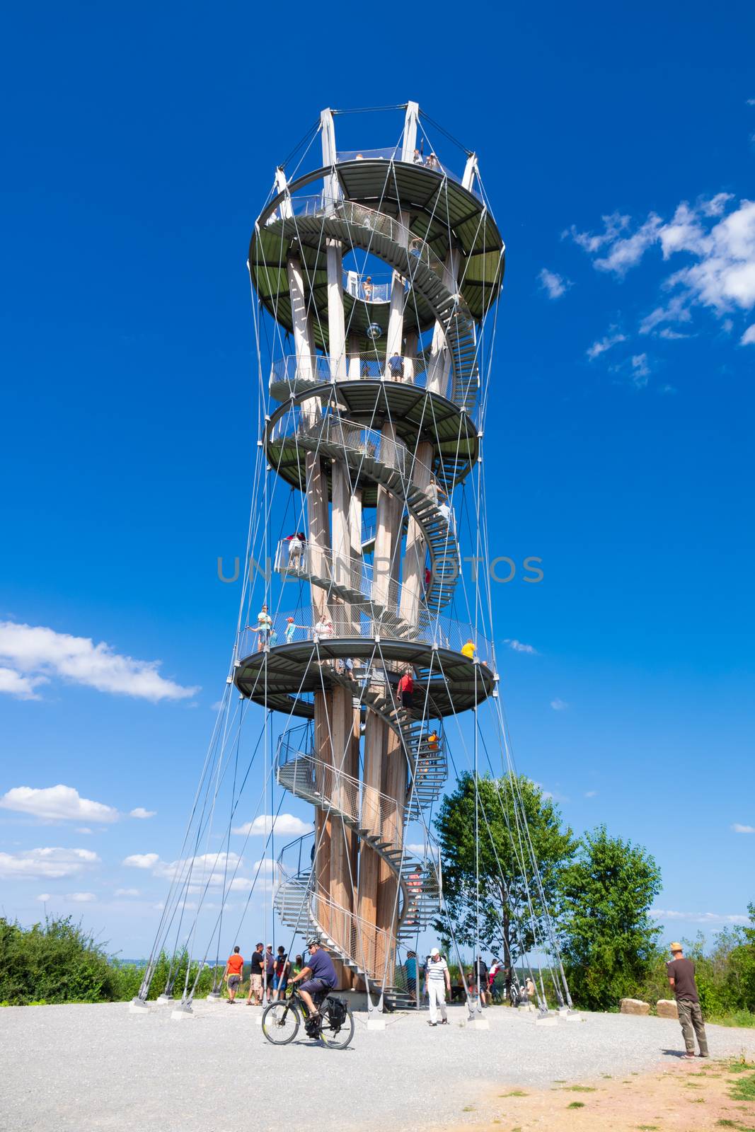 Schoenbuch, Baden Wuerttemberg, Germany - August 11, 2019: Observation tower in the Schoenbuch forest near Herrenberg with many visitors on a summer sunday.