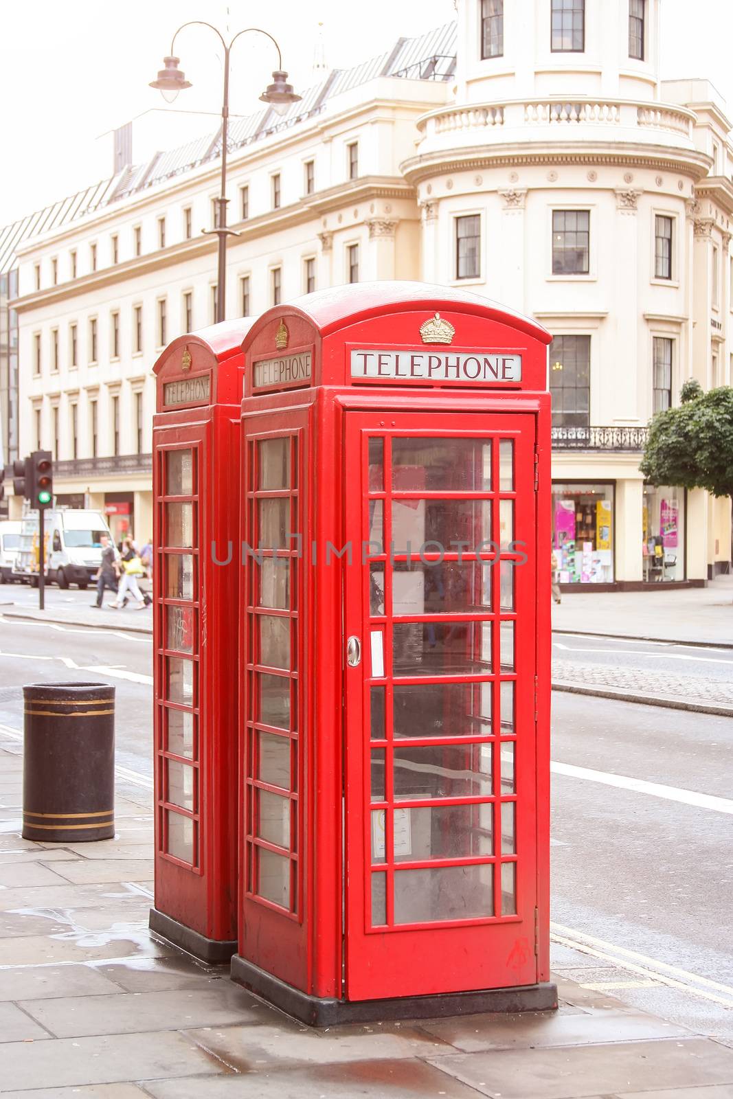 An image of famous red phone boxes in London