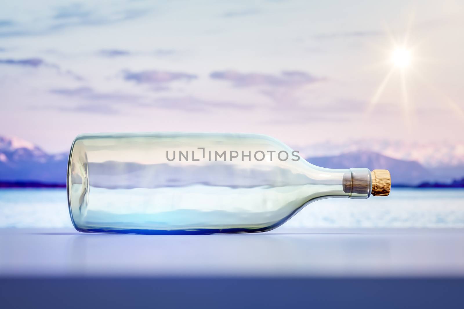 A lying glass bottle landscape scenery background 3D illustration