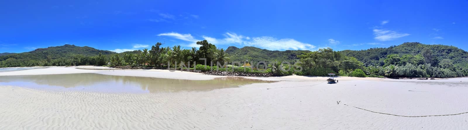 Stunning high resolution beach panorama taken on the paradise islands Seychelles.