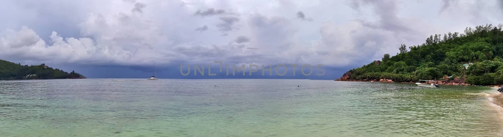 Stunning high resolution beach panorama taken on the paradise islands Seychelles.