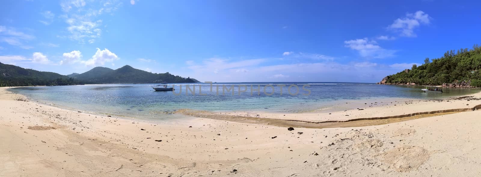 Stunning high resolution beach panorama taken on the paradise islands Seychelles.