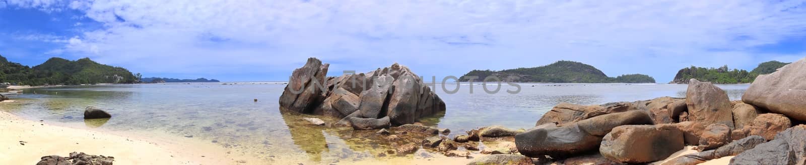 Stunning high resolution beach panorama taken on the paradise islands Seychelles.