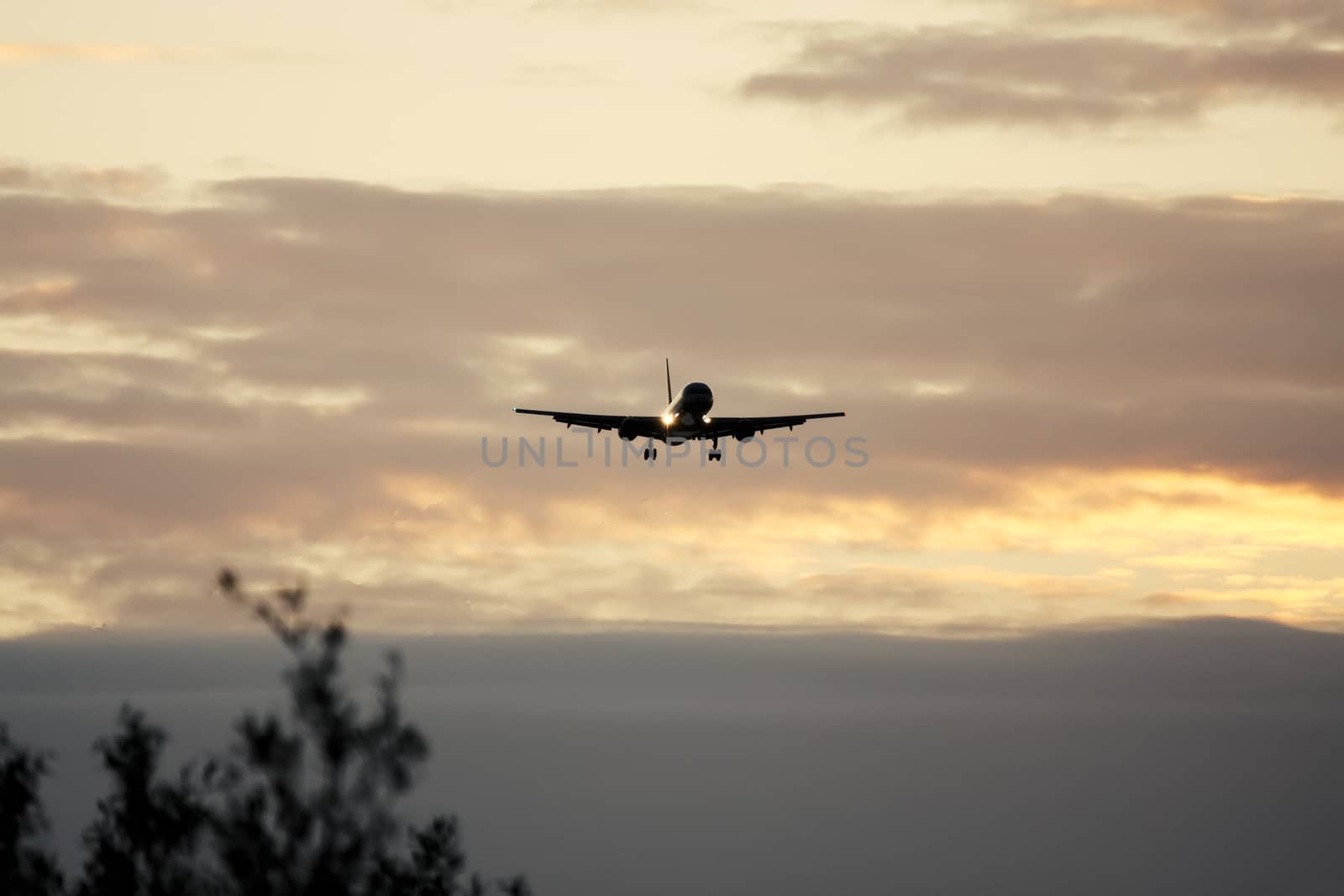 A photography of a jet air plane in sunset sky
