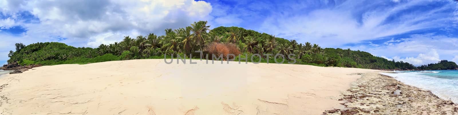 Stunning high resolution beach panorama taken on the paradise islands Seychelles.