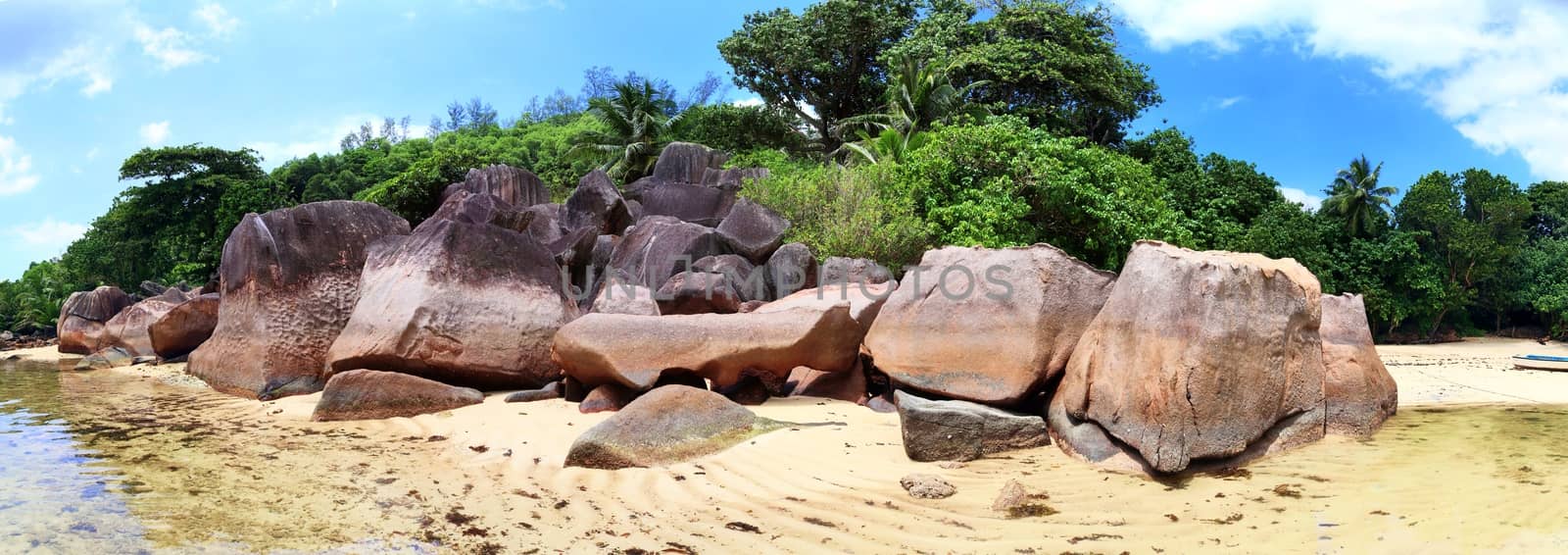 Stunning high resolution beach panorama taken on the paradise islands Seychelles.