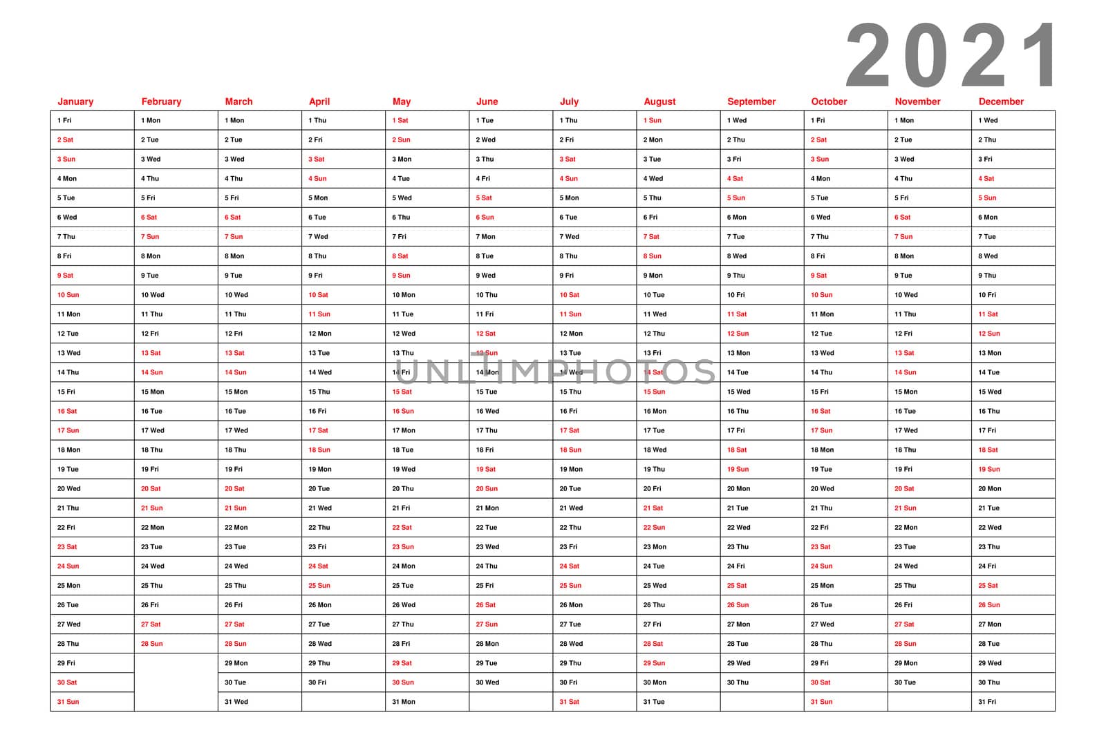 A vector of a simple annual calendar of the year 2021