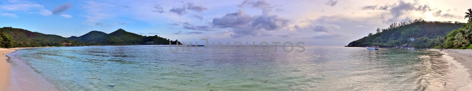 Stunning high resolution beach panorama taken on the paradise islands Seychelles.