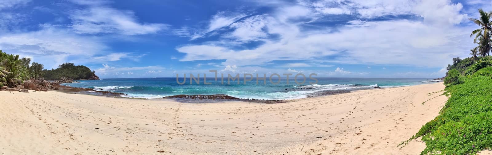 Stunning high resolution beach panorama taken on the paradise islands Seychelles.