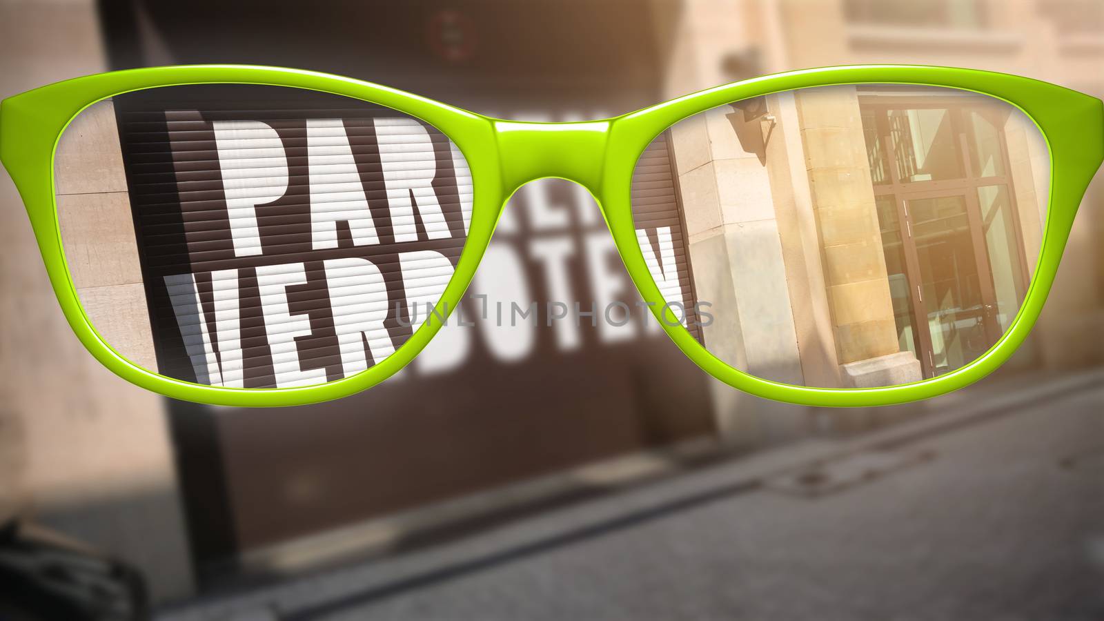 An image of green glasses and the text parking forbidden in german language on a garage door