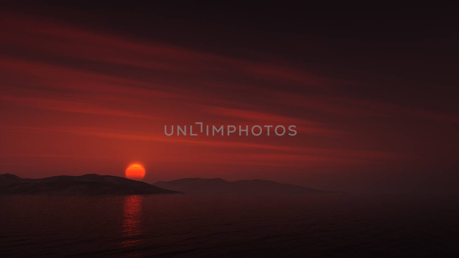 Dark red sunset over the sea with reflections and copy space 3D illustration
