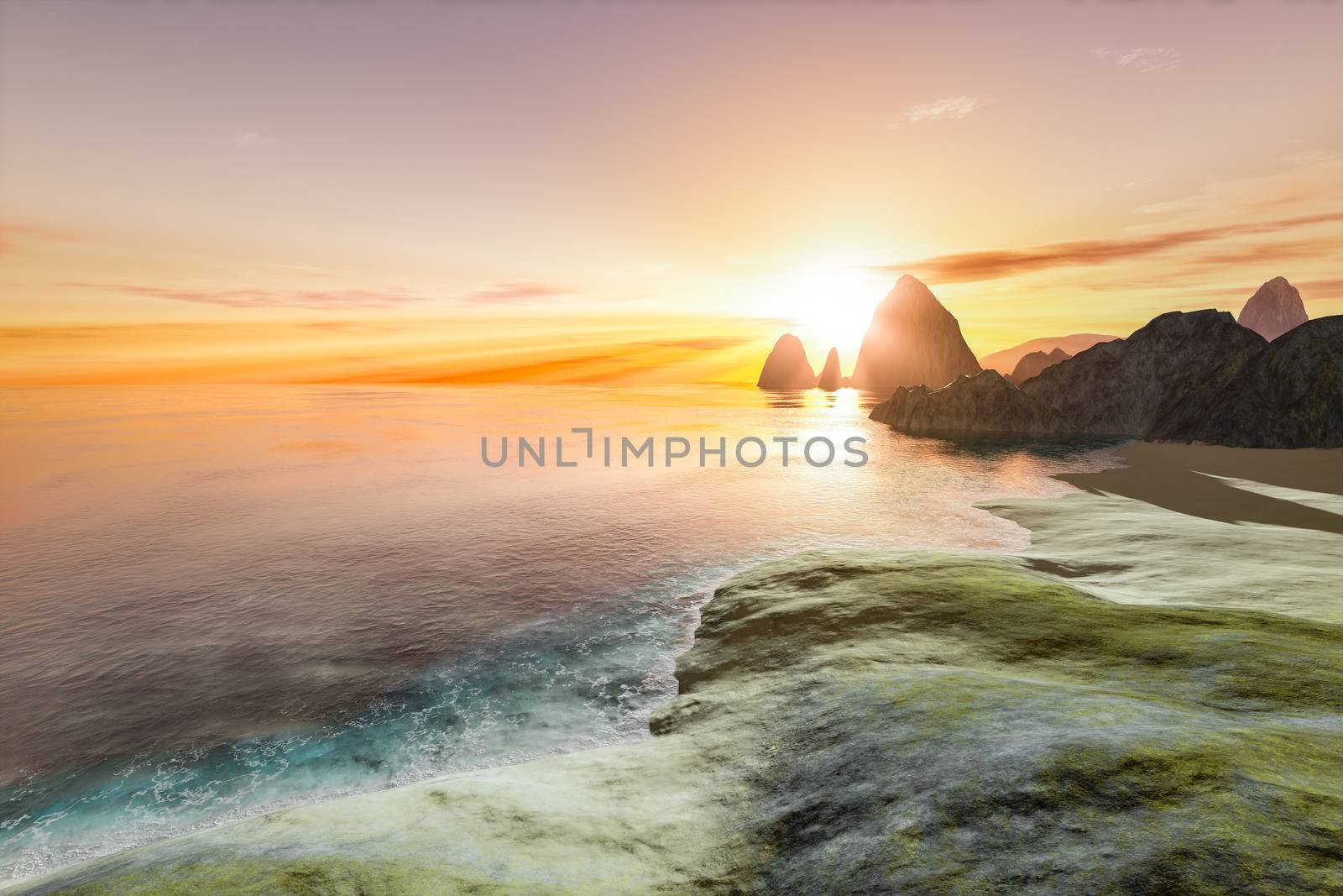 beautiful fantasy landscape sunset scenery 3D illustration