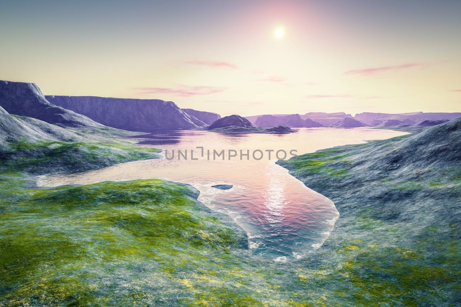 beautiful fantasy landscape sunset scenery 3D illustration