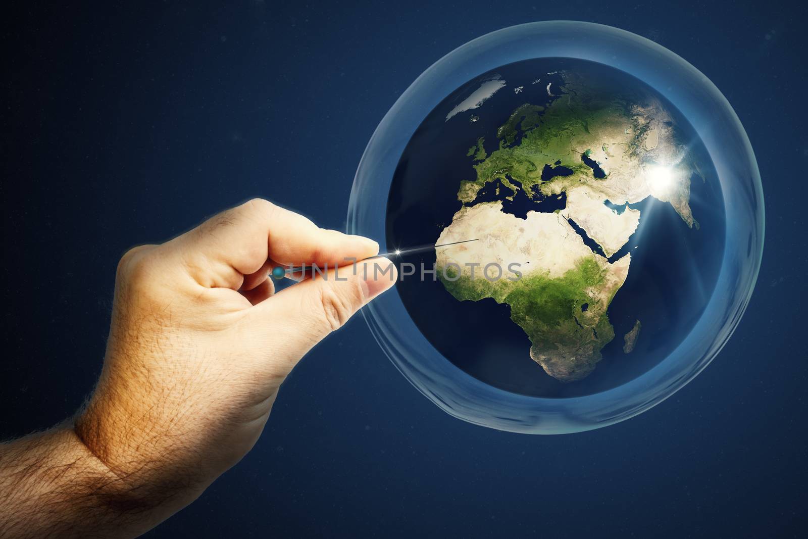planet earth in a soap bubble and a hand with a needle that bursts everything 3d illustration