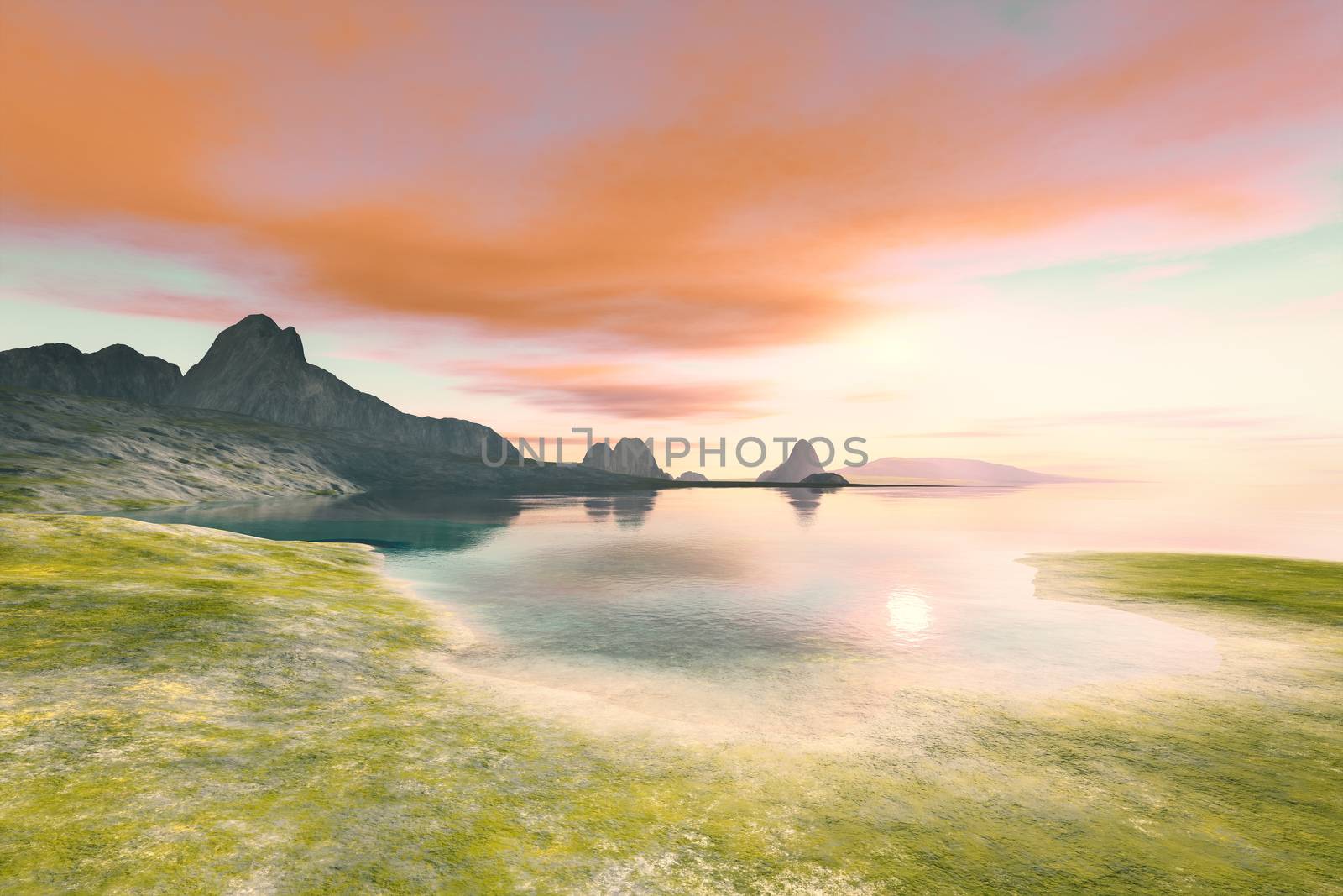 quiet place with red clouds in the dawn sky 3D illustration