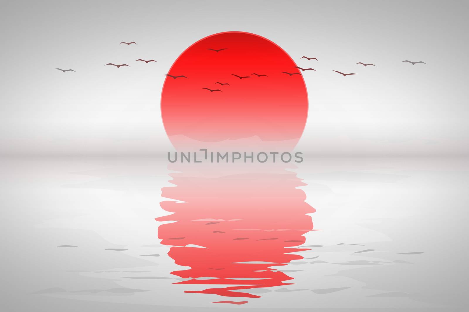 An illustration of a beautiful red sunset with birds