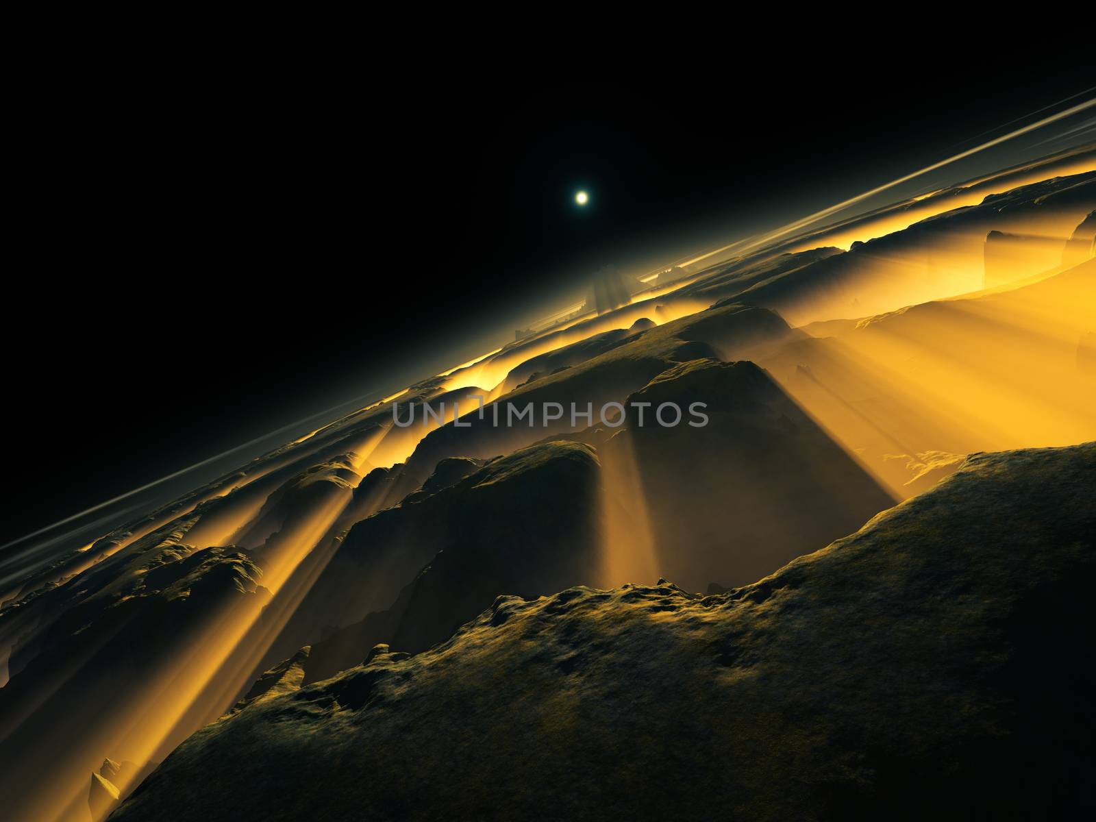strange orange glowing planet with sun 3D illustration