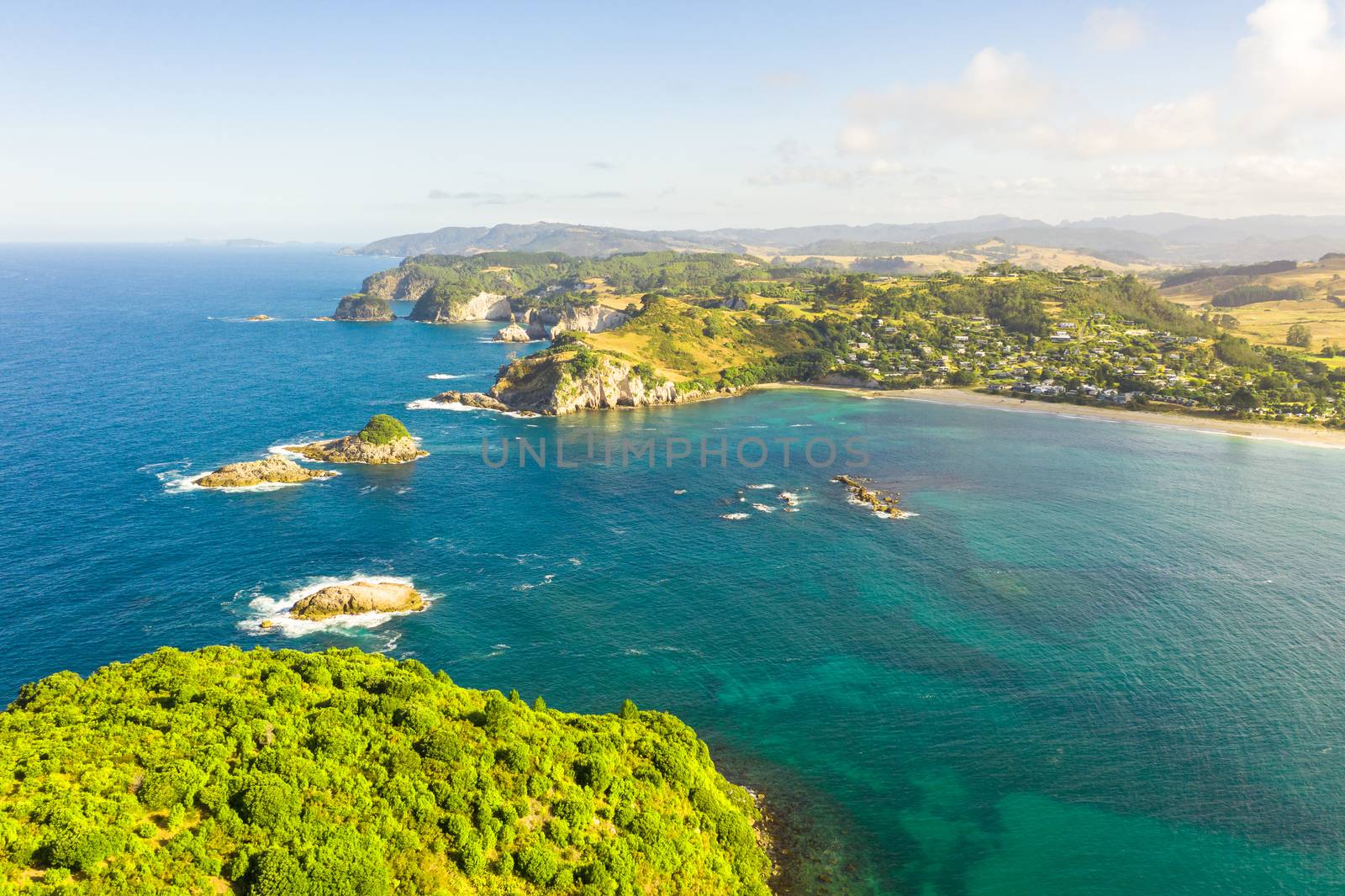 An aerial view of Hahei Beach New Zealand