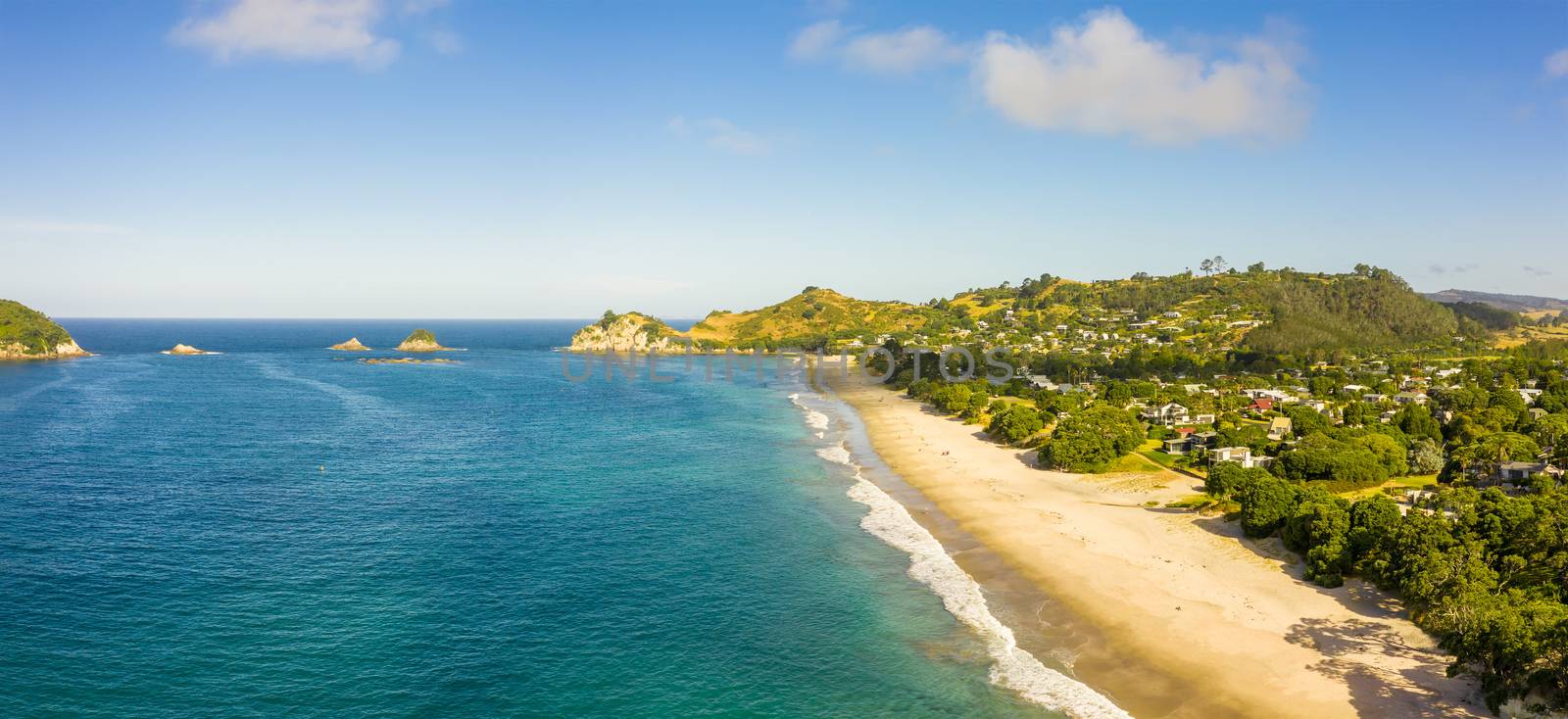 An aerial view of Hahei Beach New Zealand