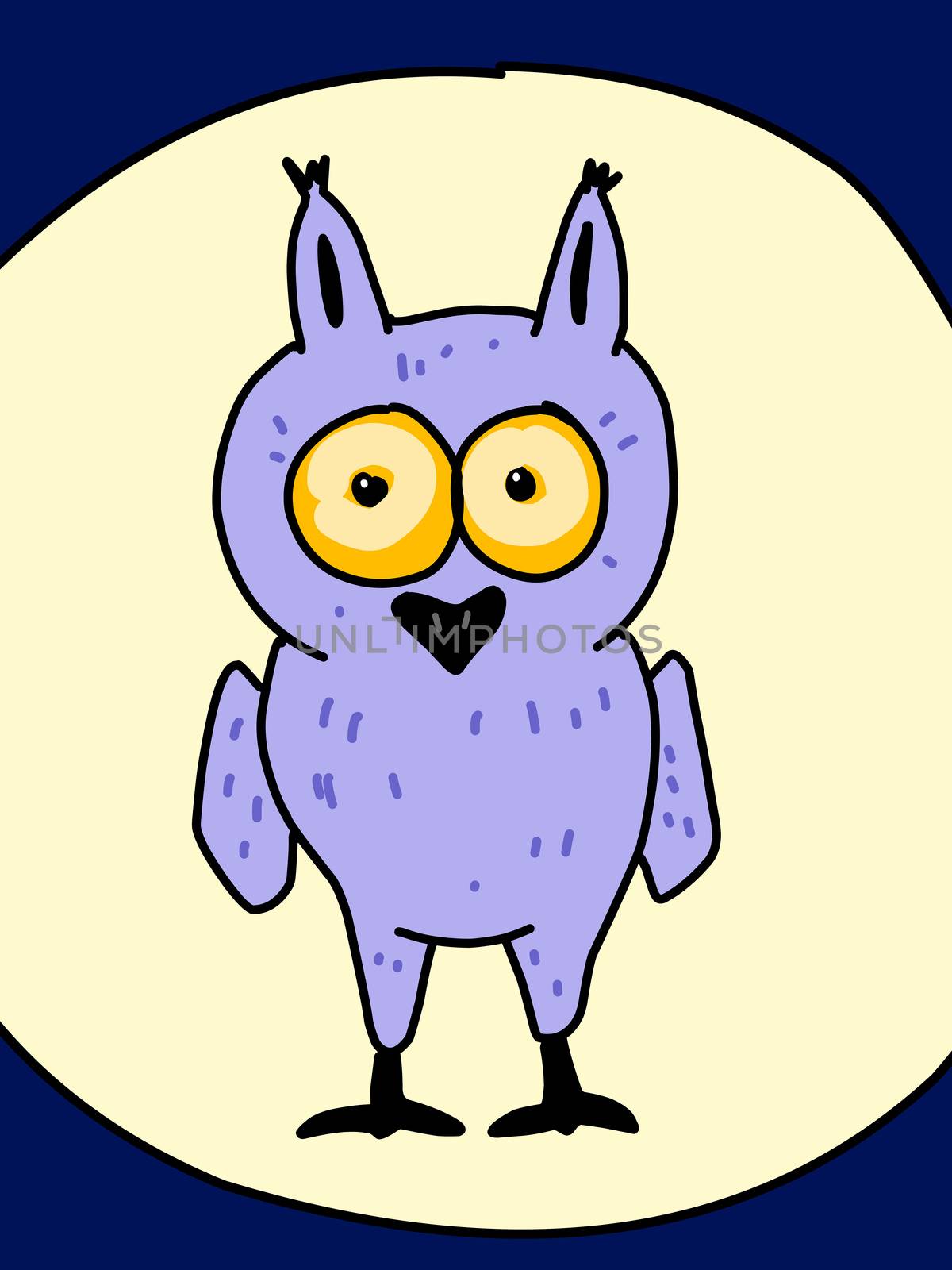 An illustration of a unny comic character little owl full moon