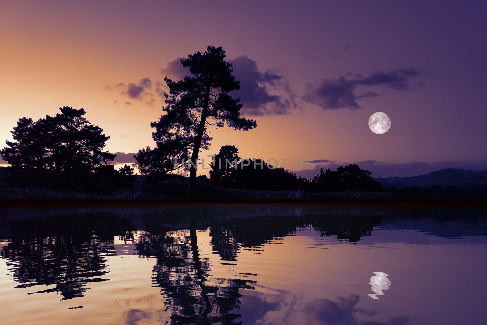 An image of a beautiful moon with lake reflections dark scenery
