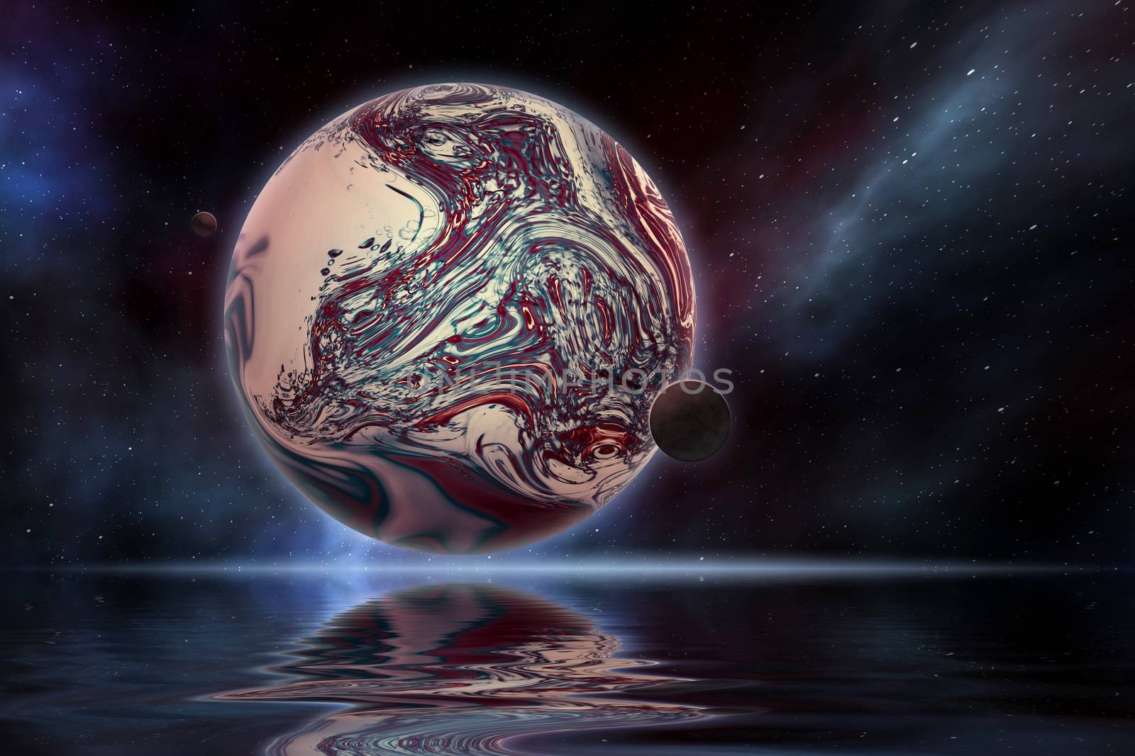 planet in space with water reflection 3d illustration