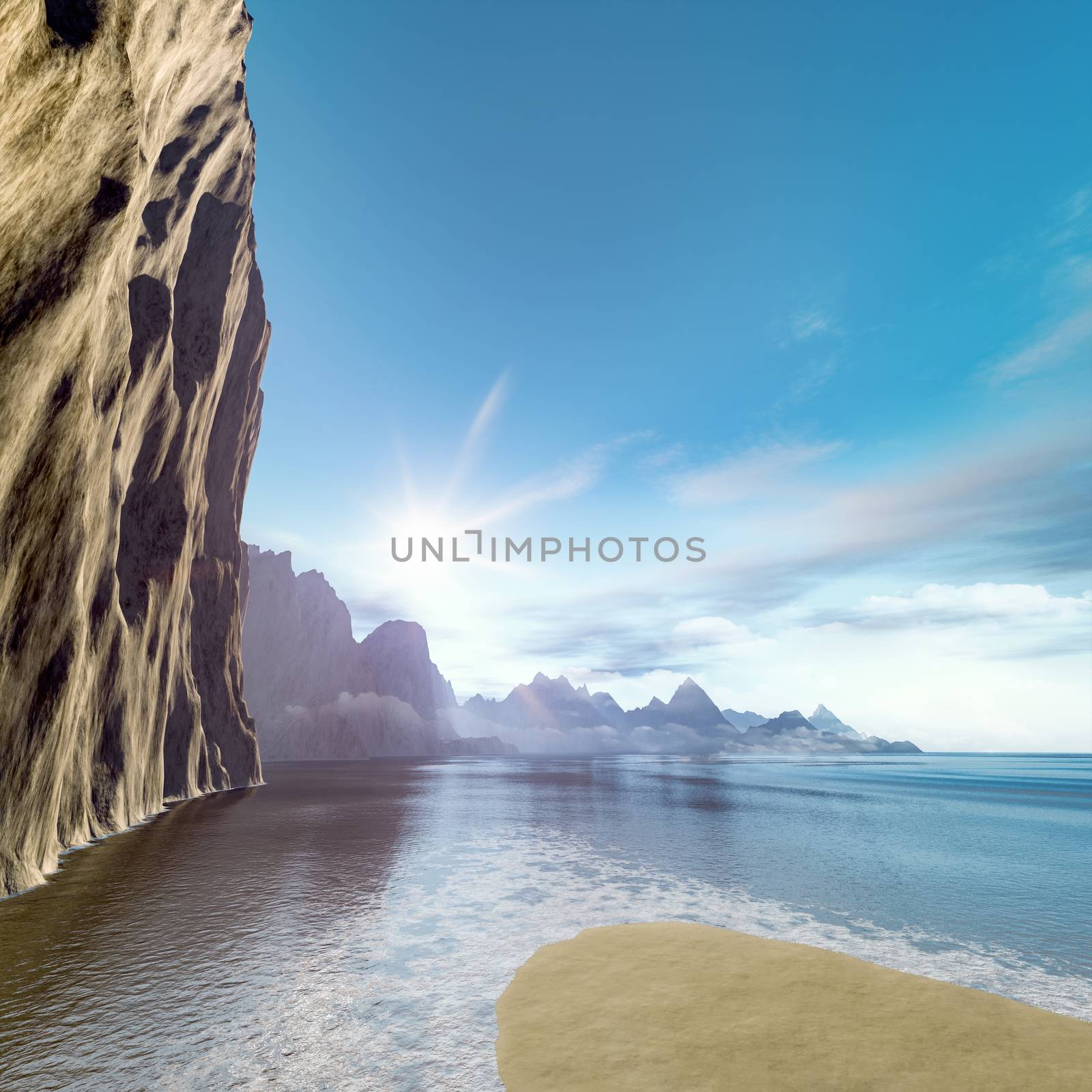 Beautiful rock face ocean scenery 3D illustration