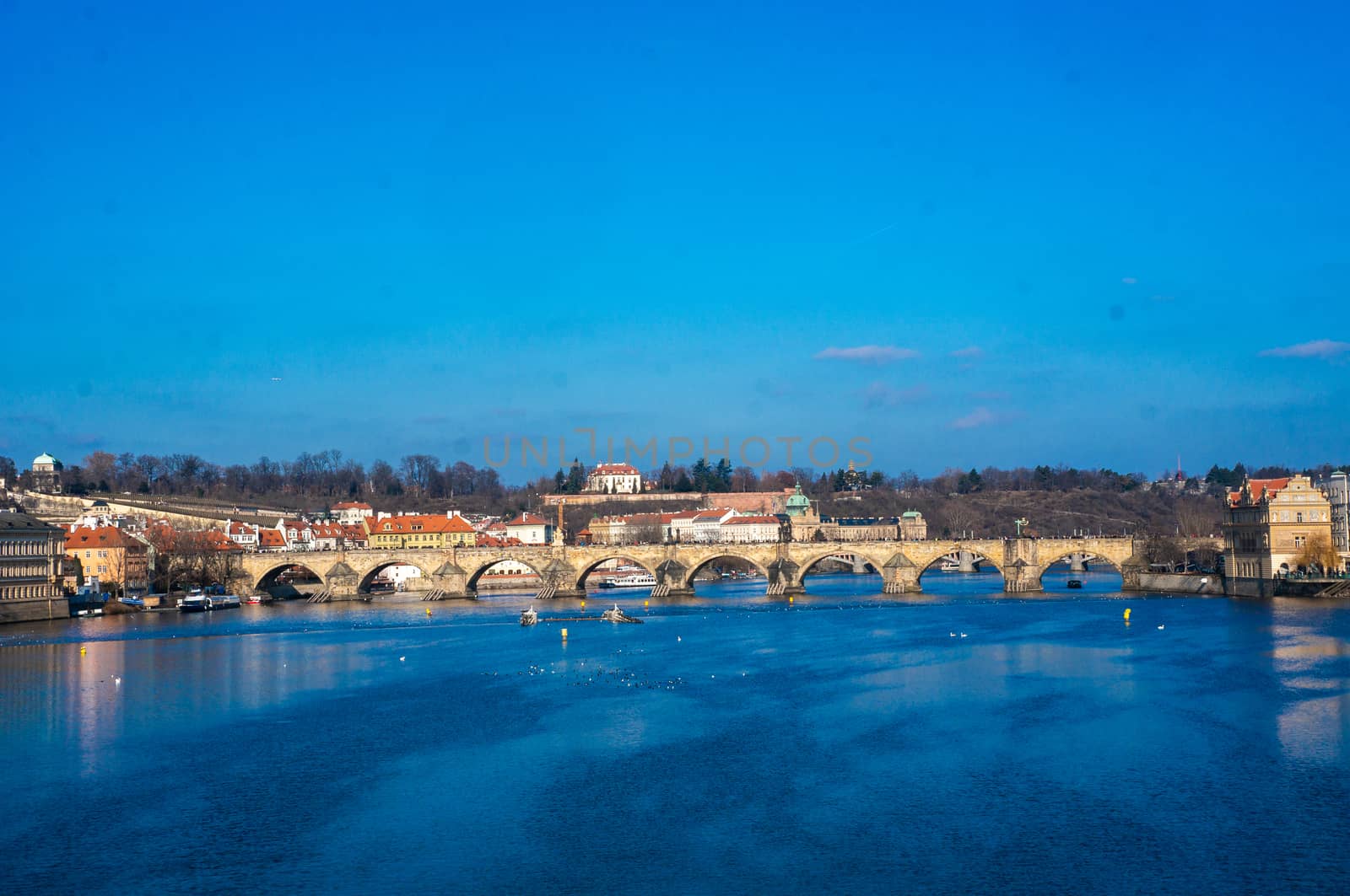 View of the Charles Bridge in Prague, Czech republic across river by sara_lissaker