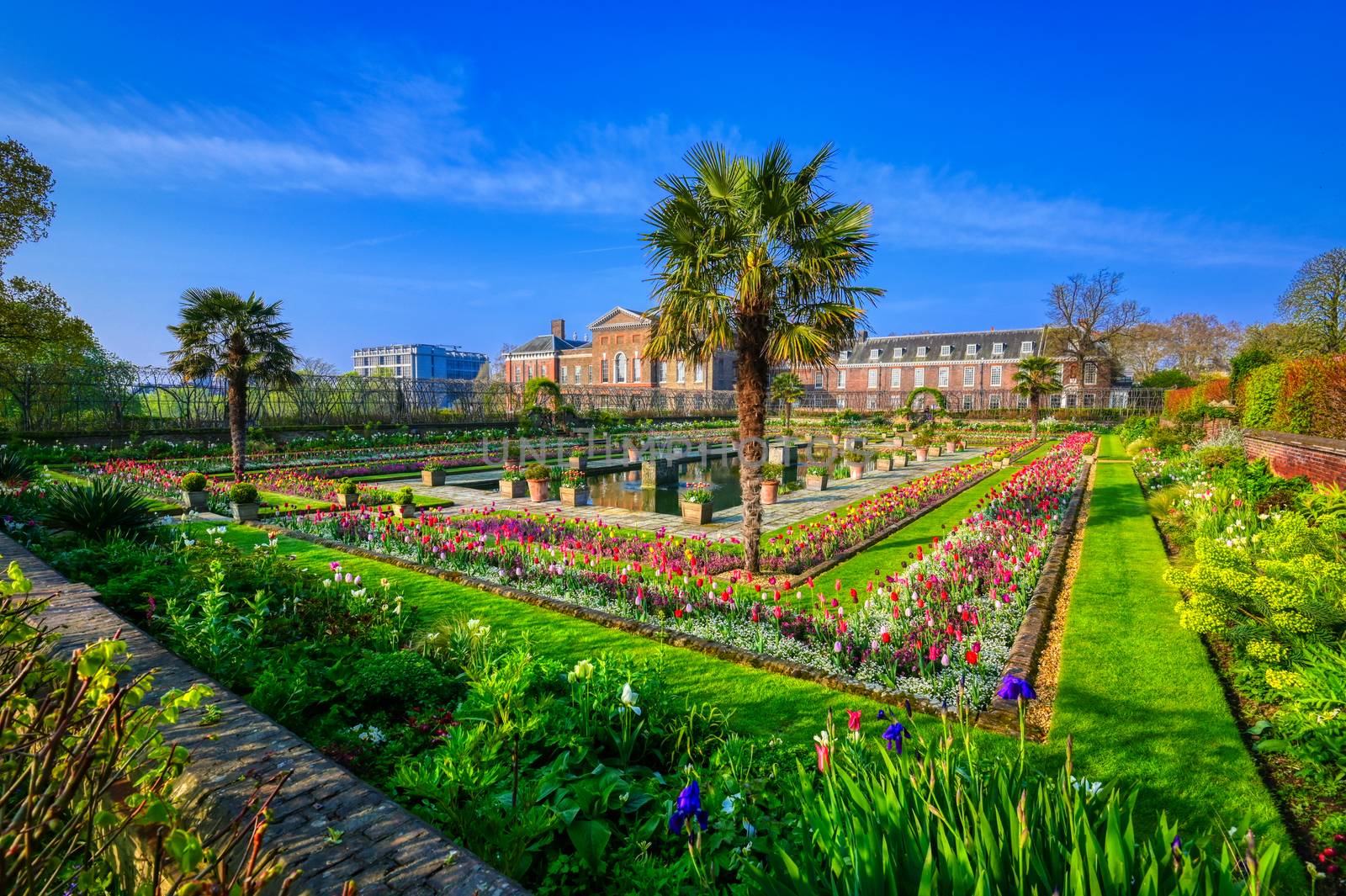 London, United Kingdom - April 17, 2019 : Kensington Palace gardens on a spring morning located in Central London, UK.