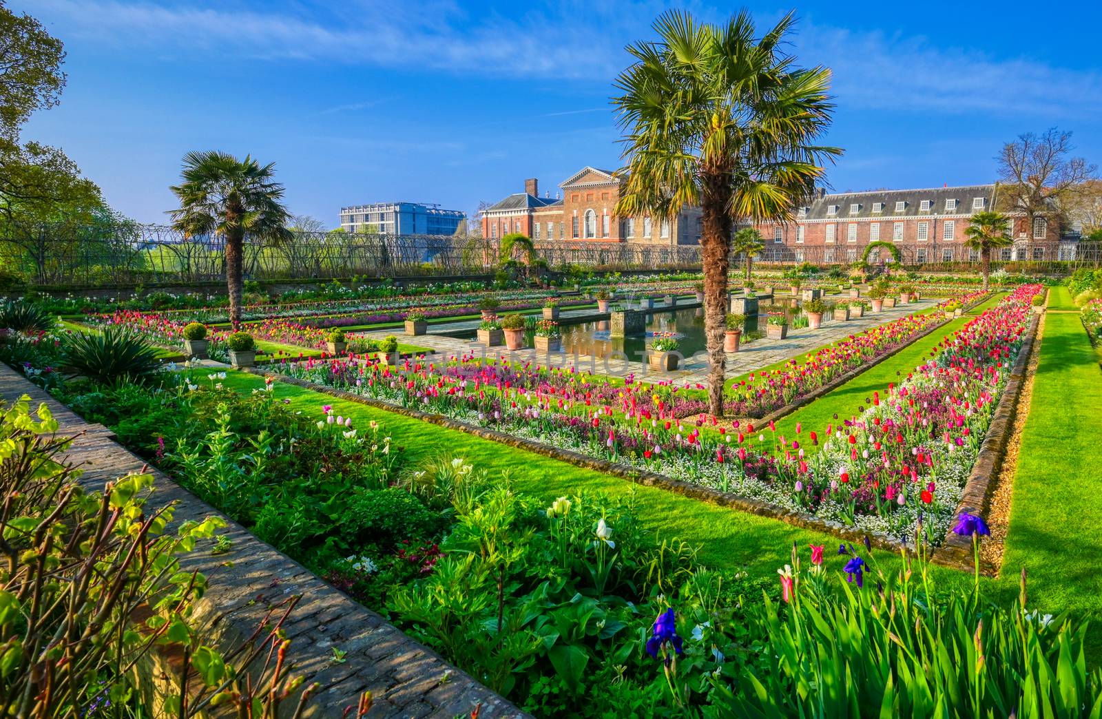 London, United Kingdom - April 17, 2019 : Kensington Palace gardens on a spring morning located in Central London, UK. 