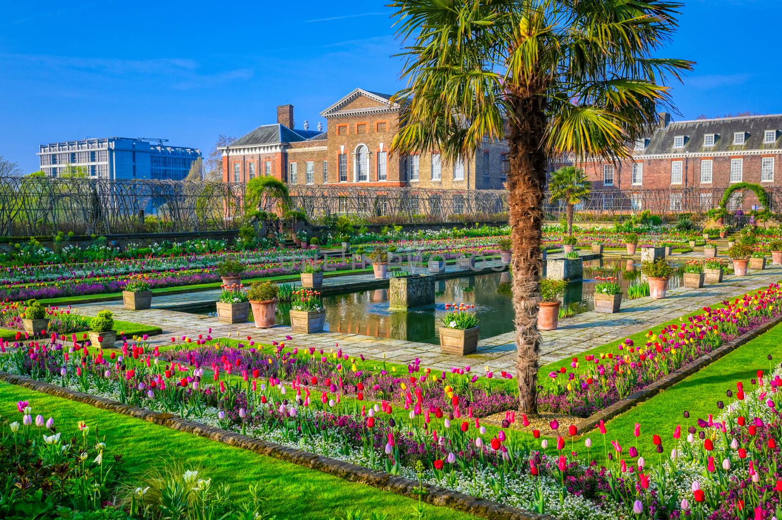 London, United Kingdom - April 17, 2019 : Kensington Palace gardens on a spring morning located in Central London, UK. 