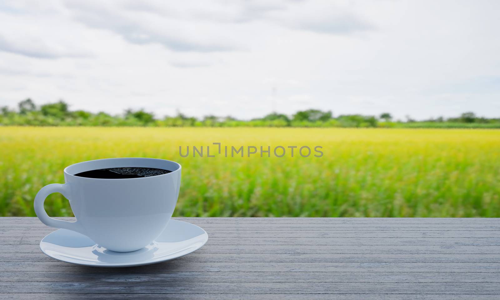 Black coffee in a white coffee mug and saucer on the table. Wooden floor. The background is a picture of a blurred cornfield and golden brown rice fields. 3D Rendering