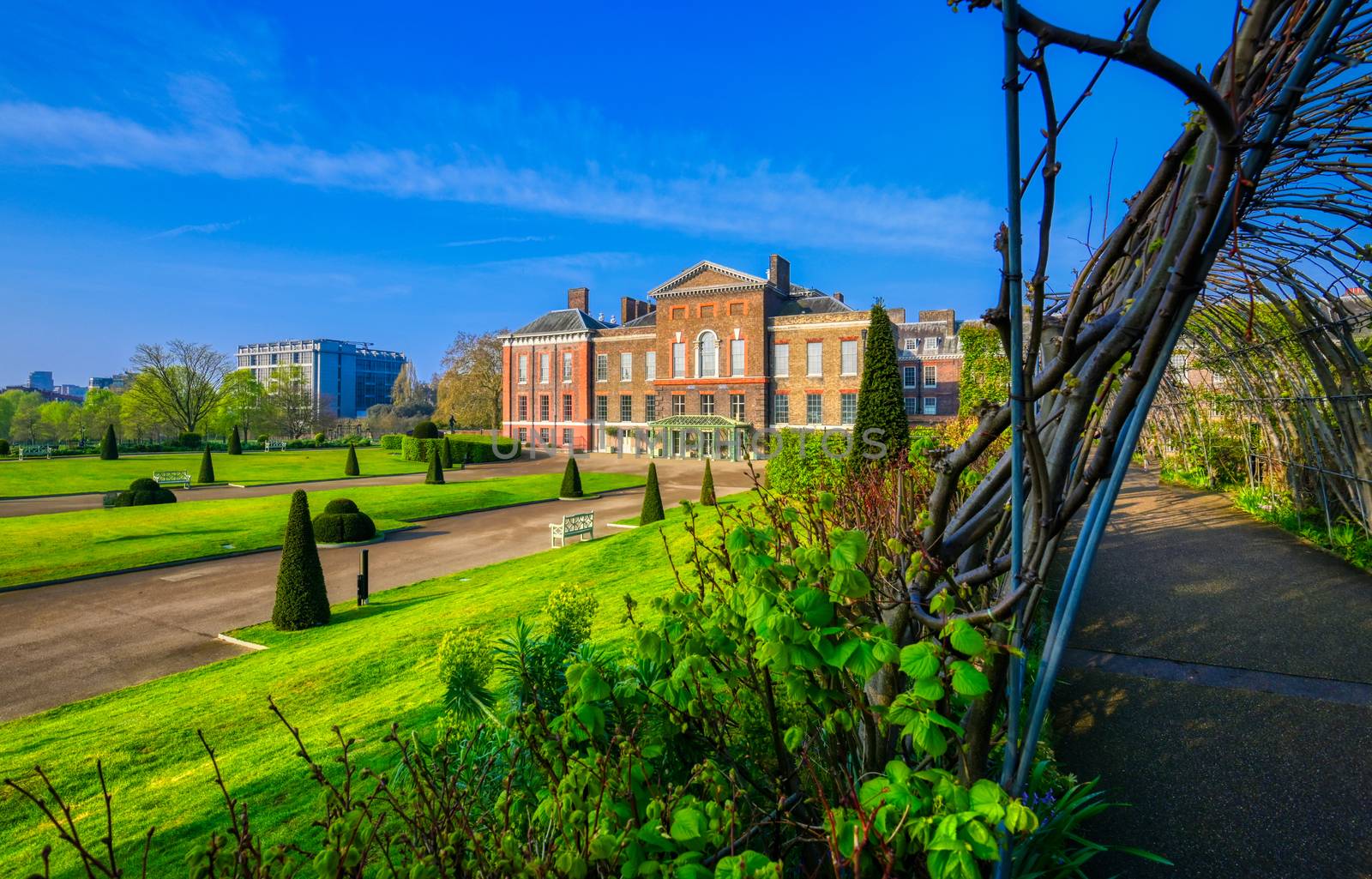 London, United Kingdom - April 17, 2019 : Kensington Palace gardens on a spring morning located in Central London, UK. 