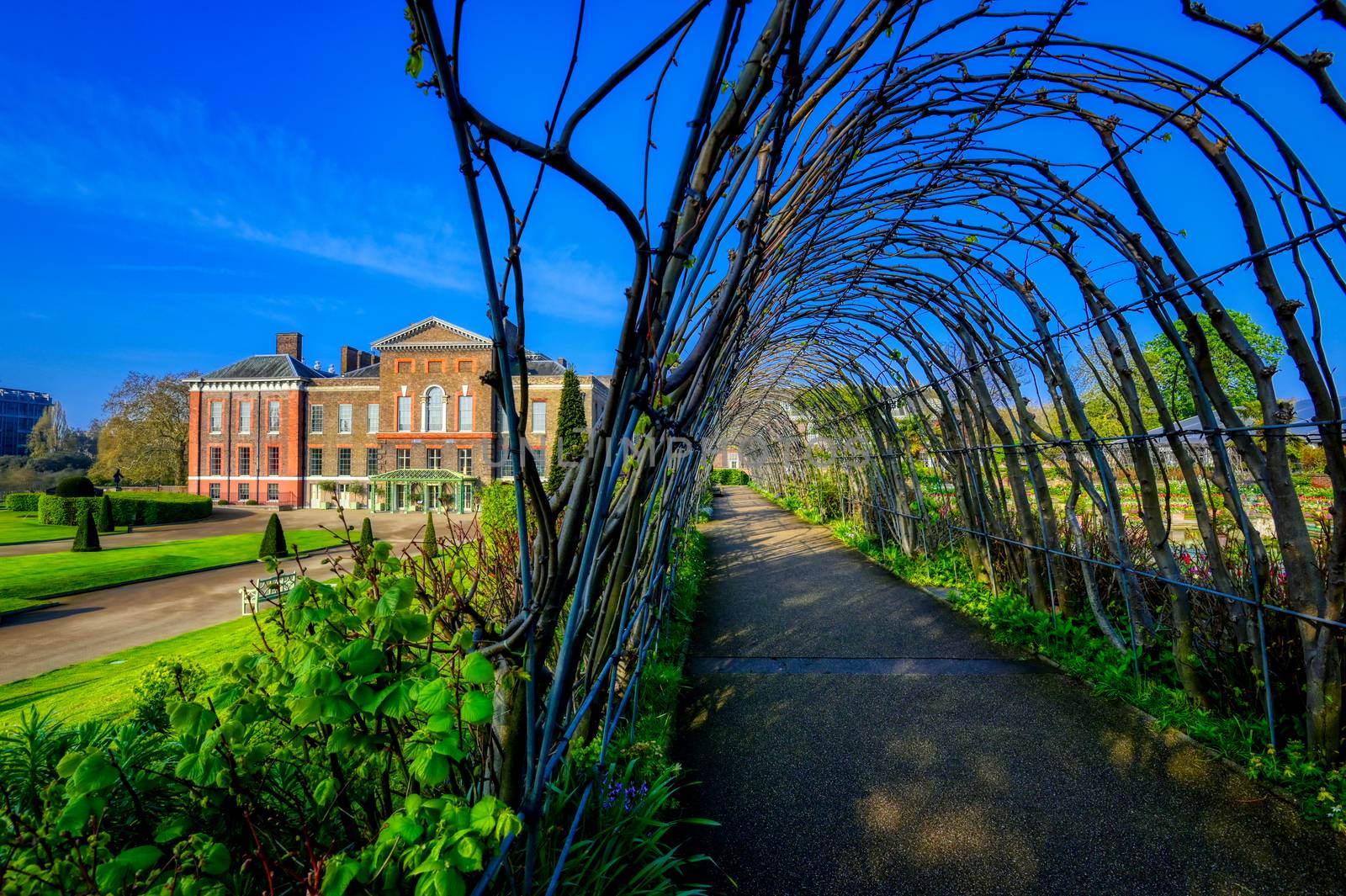 London, United Kingdom - April 17, 2019 : Kensington Palace gardens on a spring morning located in Central London, UK. 