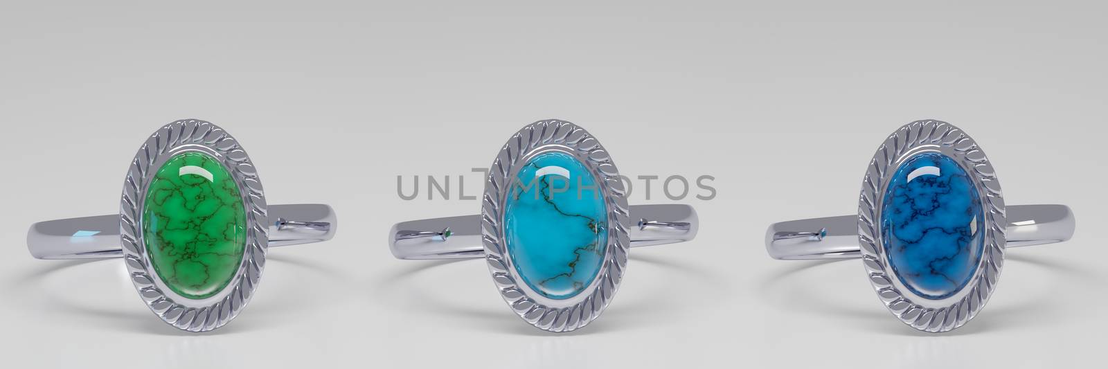 Silver Ring and Turquoise 3 colors on a white background. Platinum white Turquoise 3 colors. 3D Rendering
