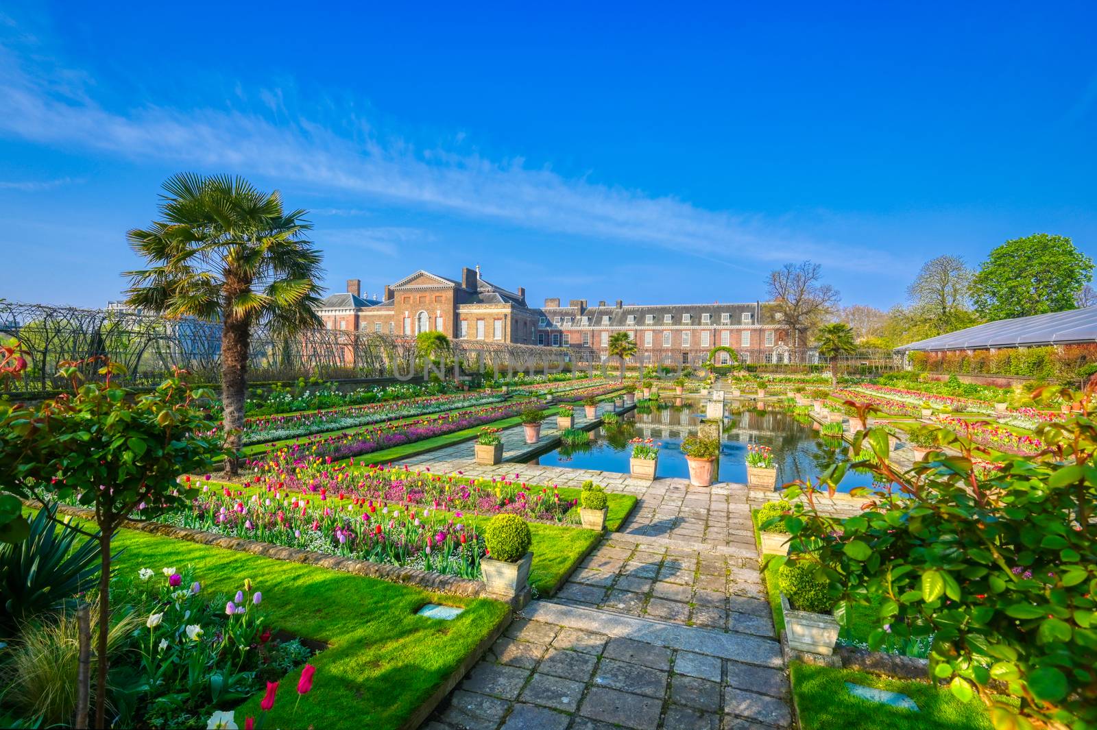 London, United Kingdom - April 17, 2019 : Kensington Palace gardens on a spring morning located in Central London, UK. 