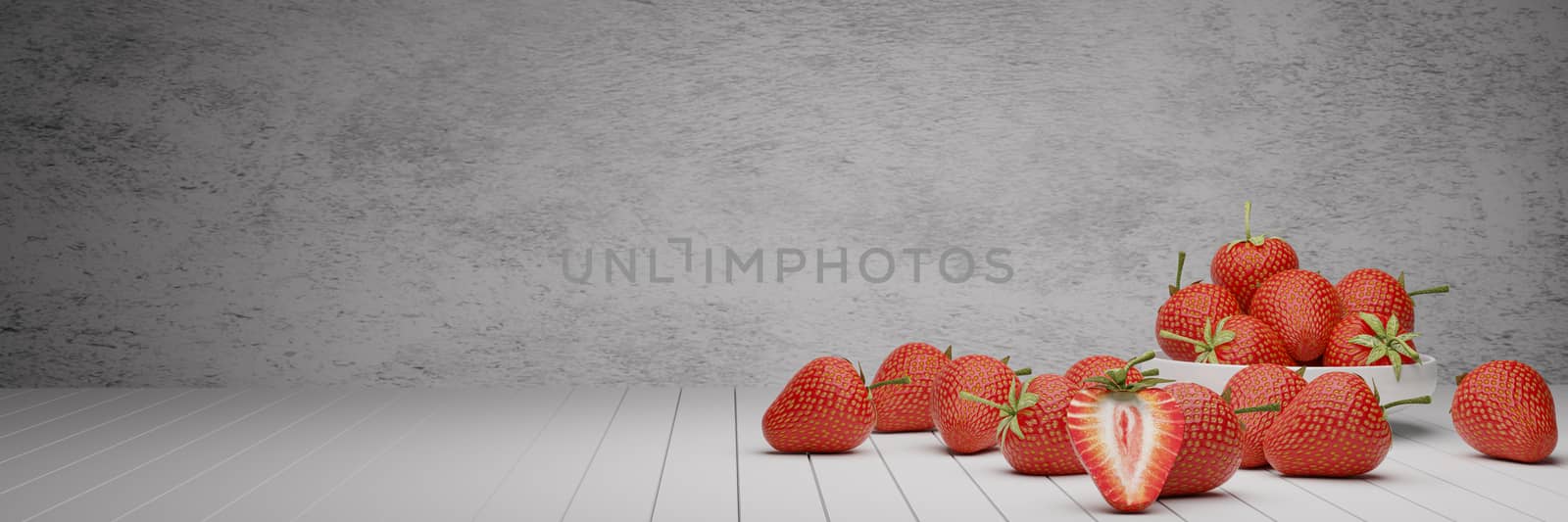 Panorama Many fresh strawberries in a white ceramic cup and on a white wooden floor. Strawberries cut in half on a white wooden table. White plaster. 3D Rendering.