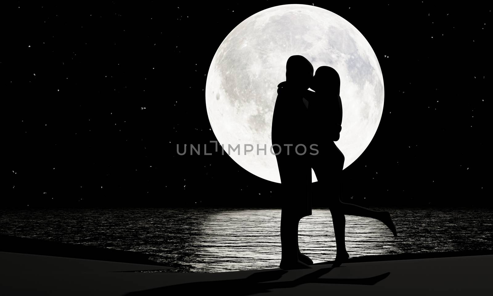 Silhouette Lovers Kissing Romanticly There is a full moon. by ridersuperone