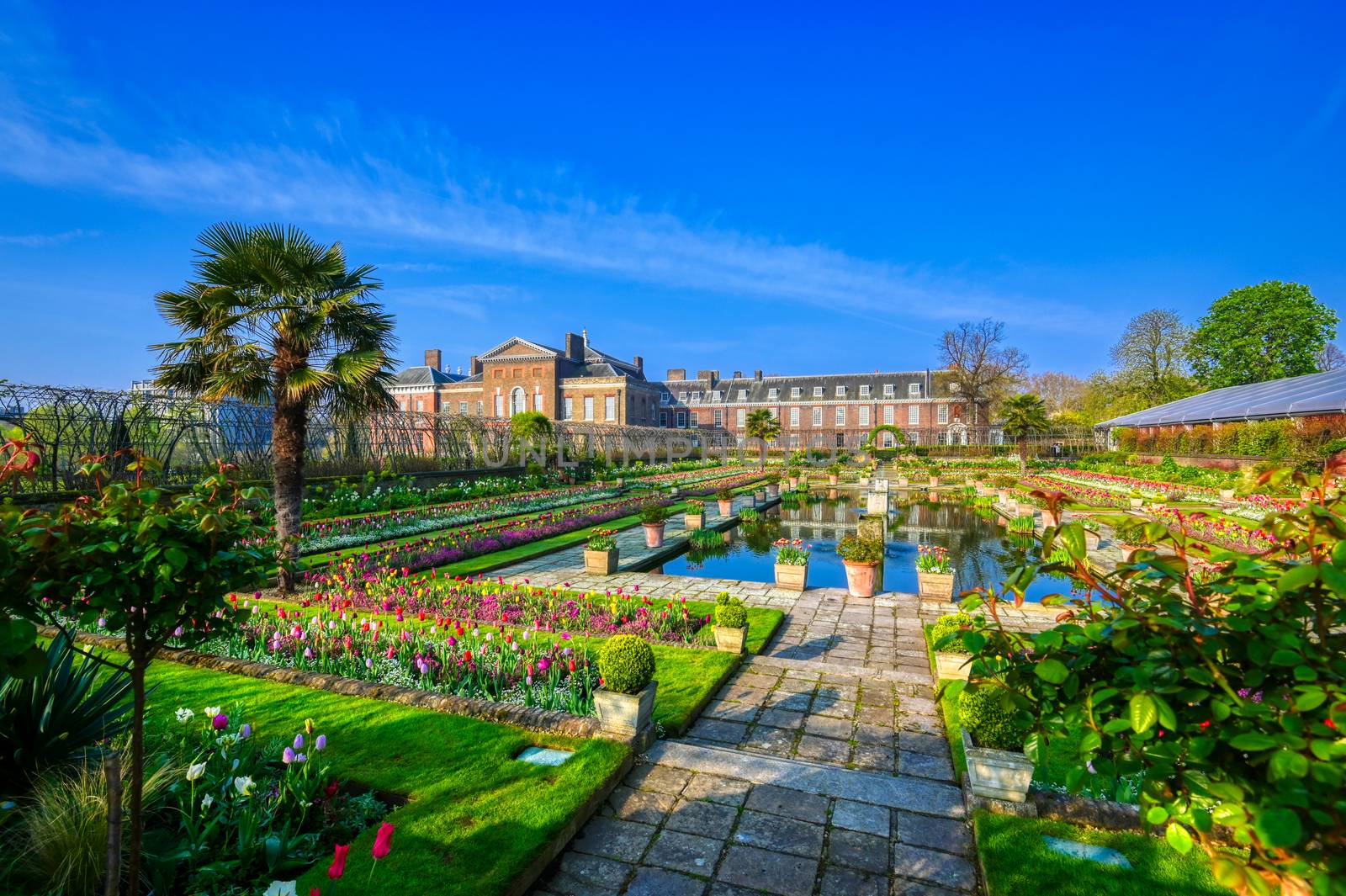 London, United Kingdom - April 17, 2019 : Kensington Palace gardens on a spring morning located in Central London, UK.