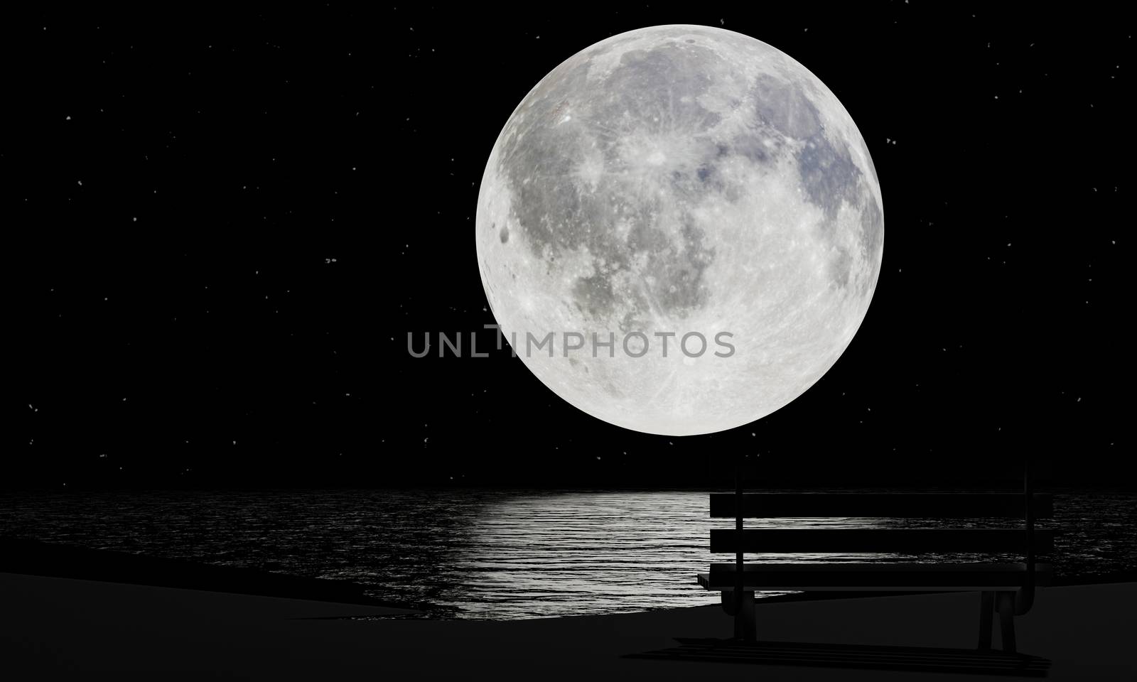 Silhouette of a wooden chair on the floor With a full moon. by ridersuperone