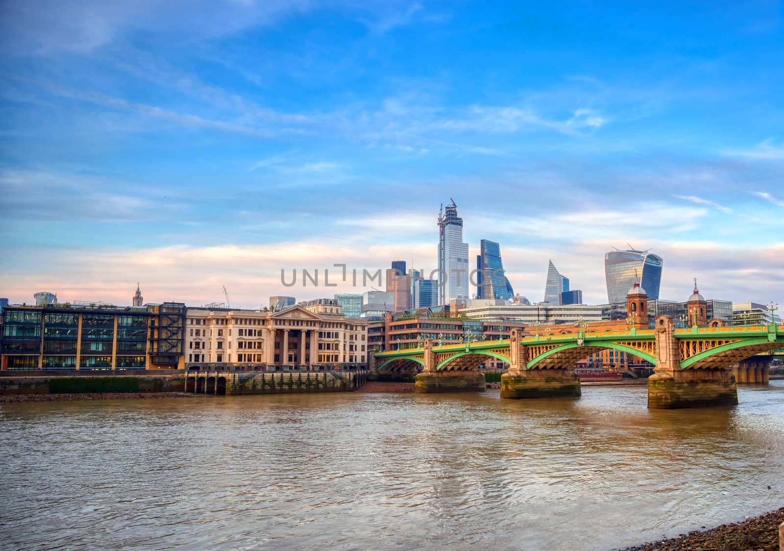 A view of the London skyline across the River Thames in London, UK.