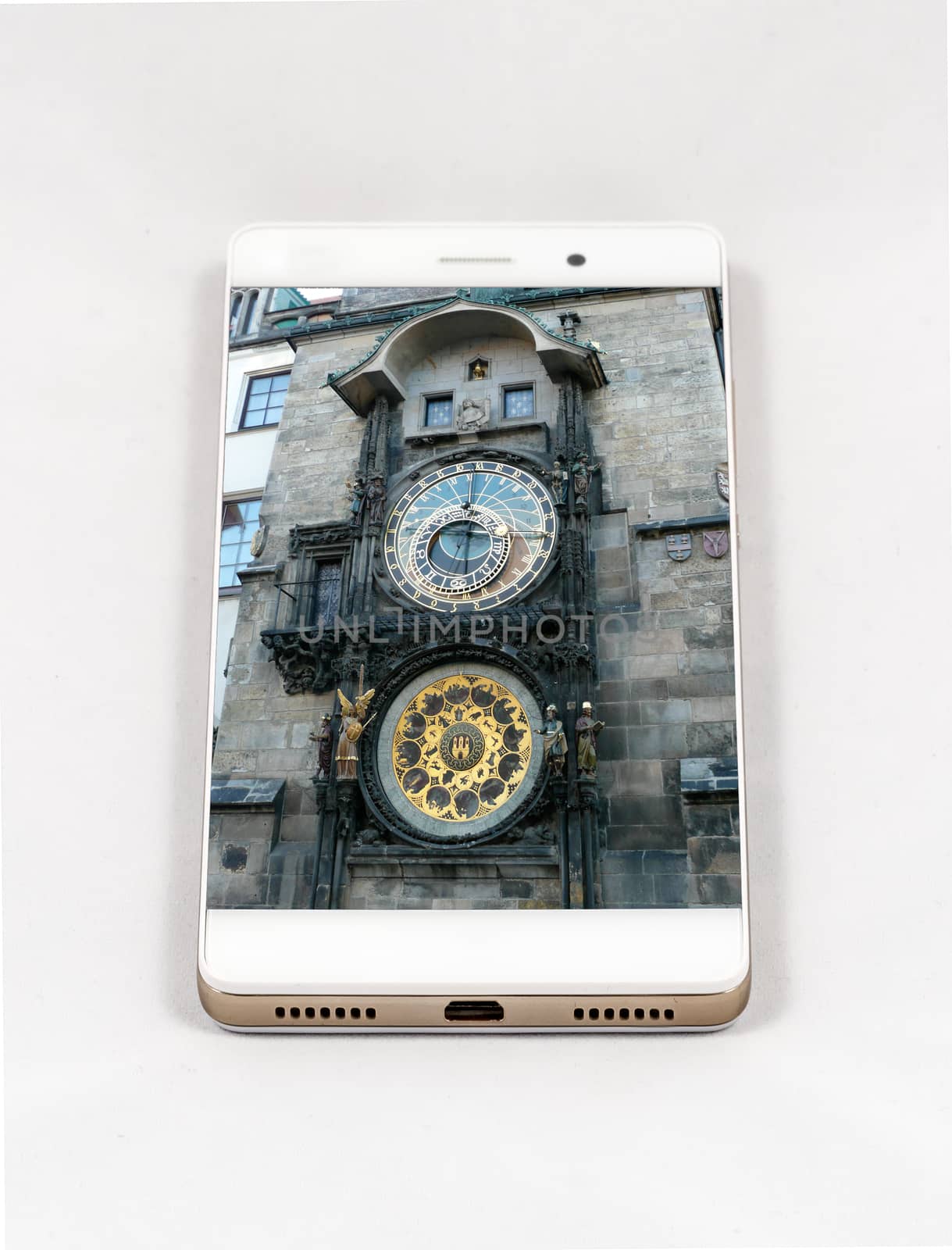 Modern smartphone displaying picture of Prague Astronomical Cloc by marcorubino