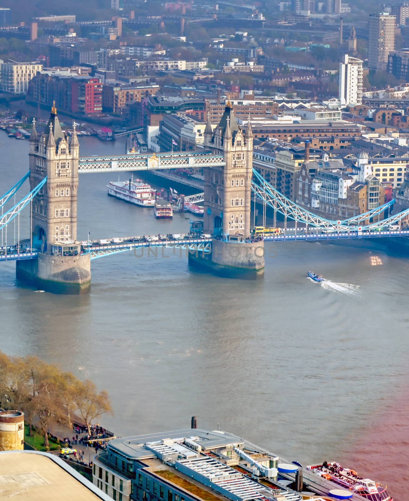 A view of Tower Bridge and the River Thames in London, UK.