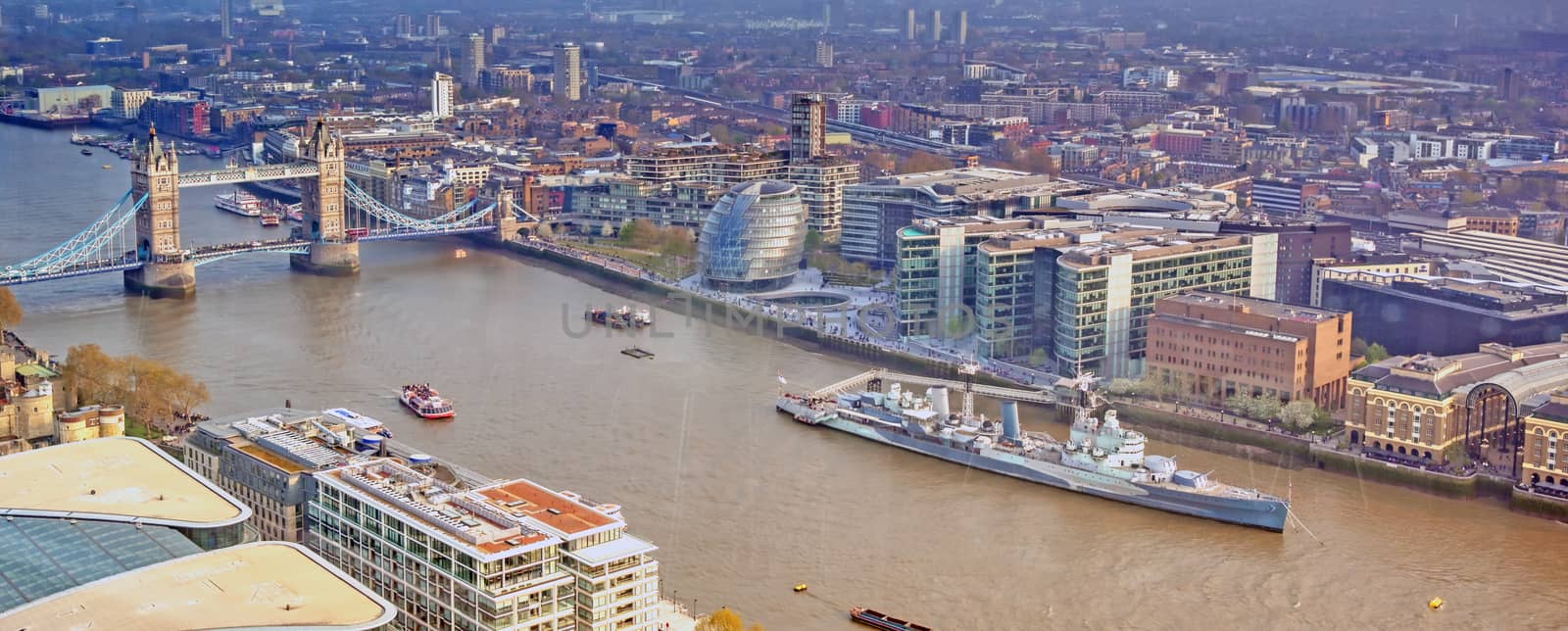 A view of Tower Bridge and the River Thames in London, UK.